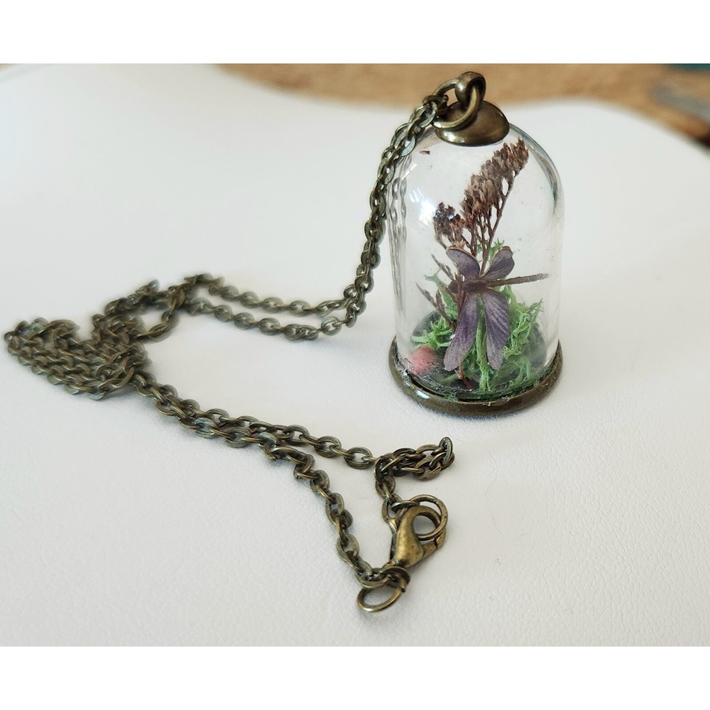 Glass Terrarium Specimen‎ Necklace Dragonfly Flowers Weeds Nature Boho Hippie